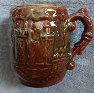 1970s Whimsical 3D Castle Brown Ceramic Scenic Mug, Cottagecore Viking Fantasy